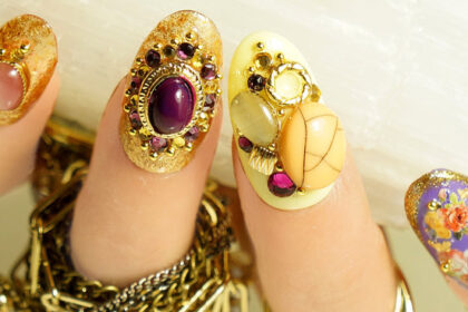 Luxurious Japanese Nail Art with Semi Precious Stones Rhinestones and Painted on Flowers