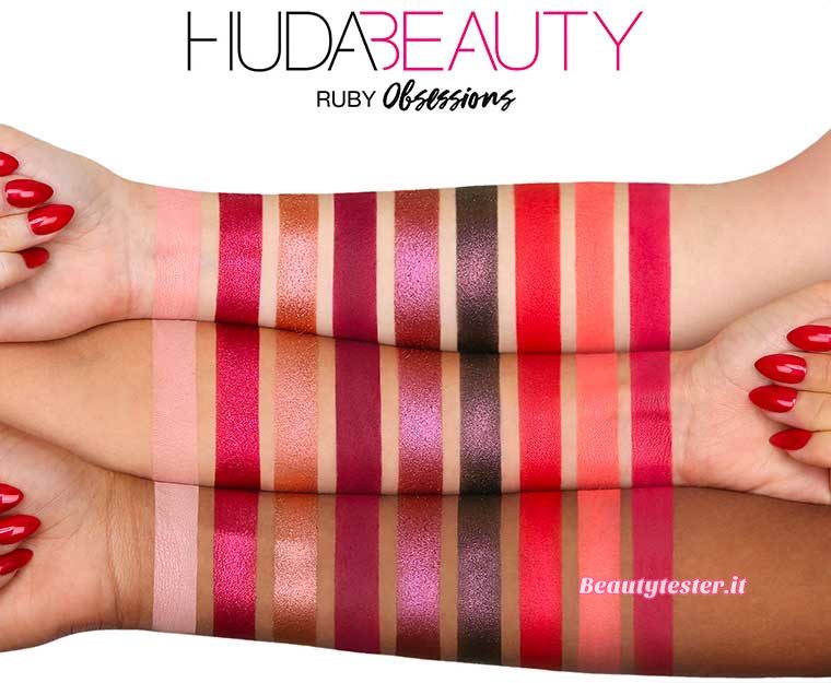 Swatch Huda Beauty Precious Stones Obsessions palette colore rosso Rubino
