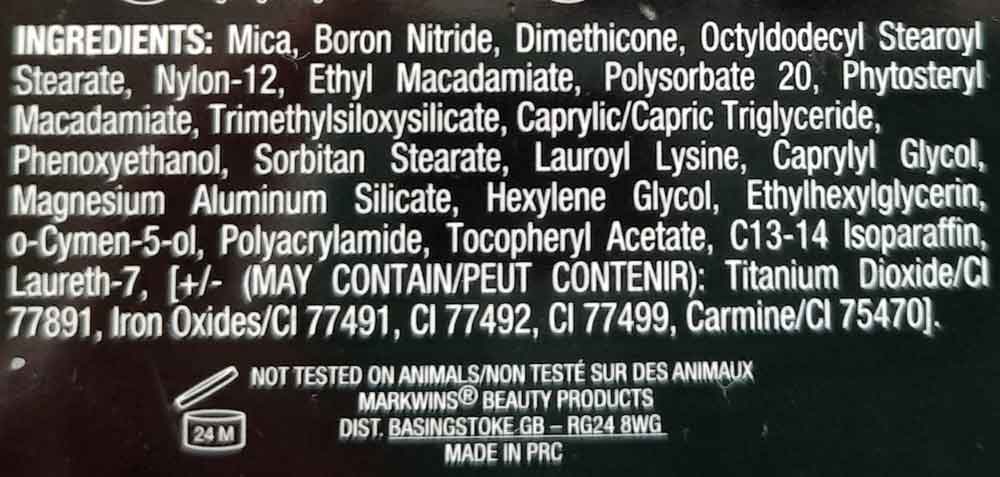 INCI: Mica, nitruro di boro, dimeticone, ottildodecil stearoil stearato, nylon-12, etil macadamato, polisorbato 20, fitosteril macadamiato, trimetilsilossisilicato, trigliceride caprilico / caprico, fenossietilolo, sorbitan-stearil-glicil-glicil-glicil-glicil-glicil-glicil-glicil-glicil-glicil-glicosil, glicole-silicio , o-Cymen-5-olo, poliacrilammide, tocoferil acetato, isoparaffina C13-14, lauret-7, [+/- (PUO 'CONTENERE / CONTENIR PEUT): biossido di titanio / CI 77891, ossidi di ferro / CI 77491, CI 77492, CI 77499, Carmine / CI 75470].