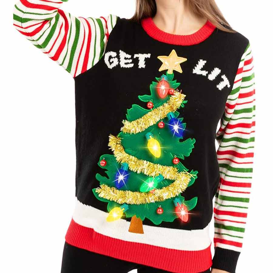 Maglione natalizio leggero con albero di Natale illuminato a led