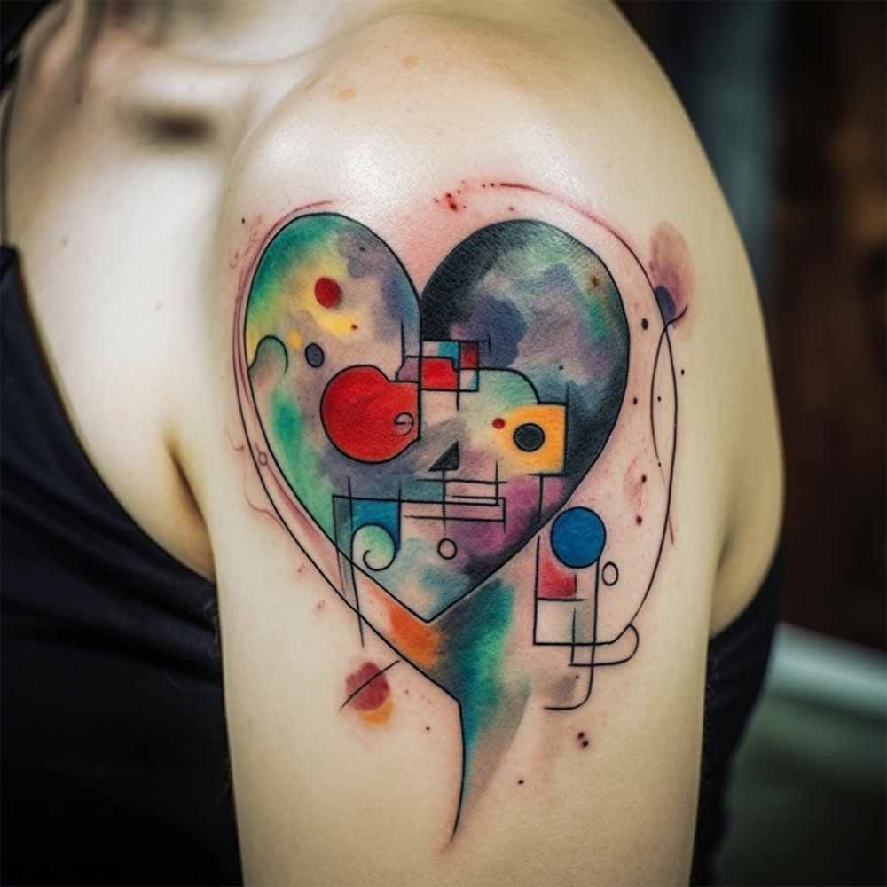 tatuaggio colorato cuore sulla spalla