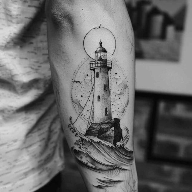 Blackwork Tattoo che ritrae un faro