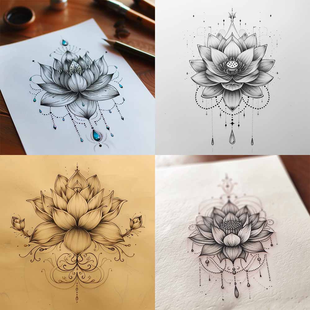 Schizzi in bianco e nero fiori di Loto tatuaggio 