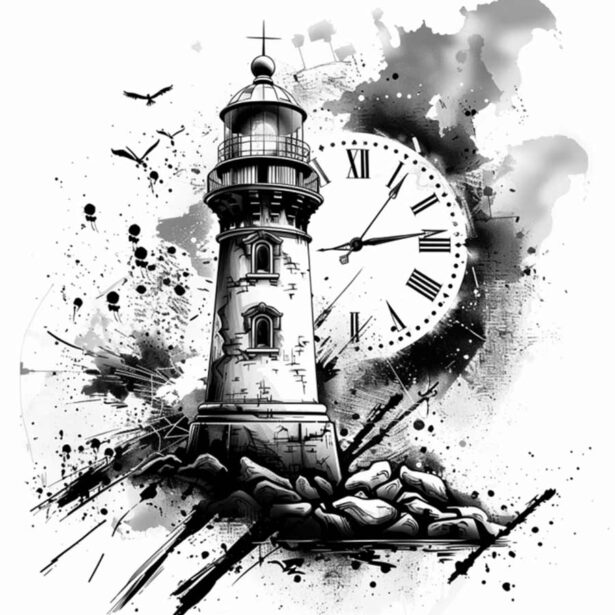 Disegno per tattoo con faro e orologio stile Trash Polka