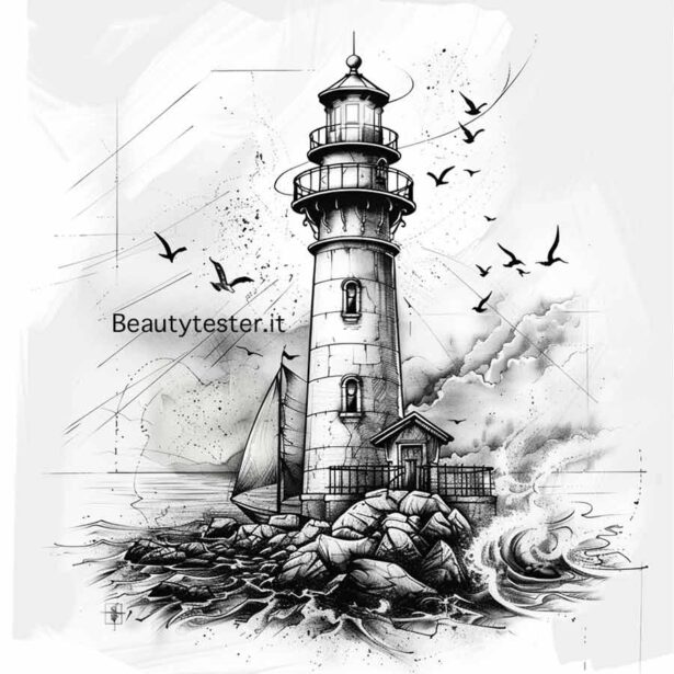 Disegno per tatuaggio con faro e gabbiano