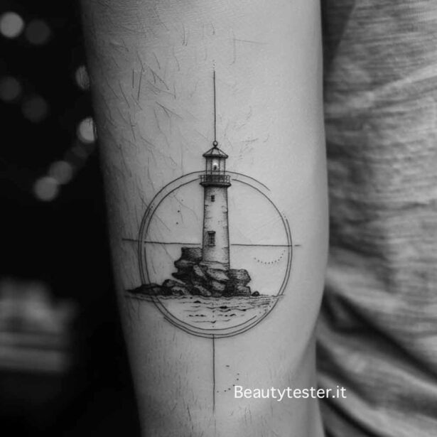 Tatuaggio faro semplice piccolo e minimalista su braccio