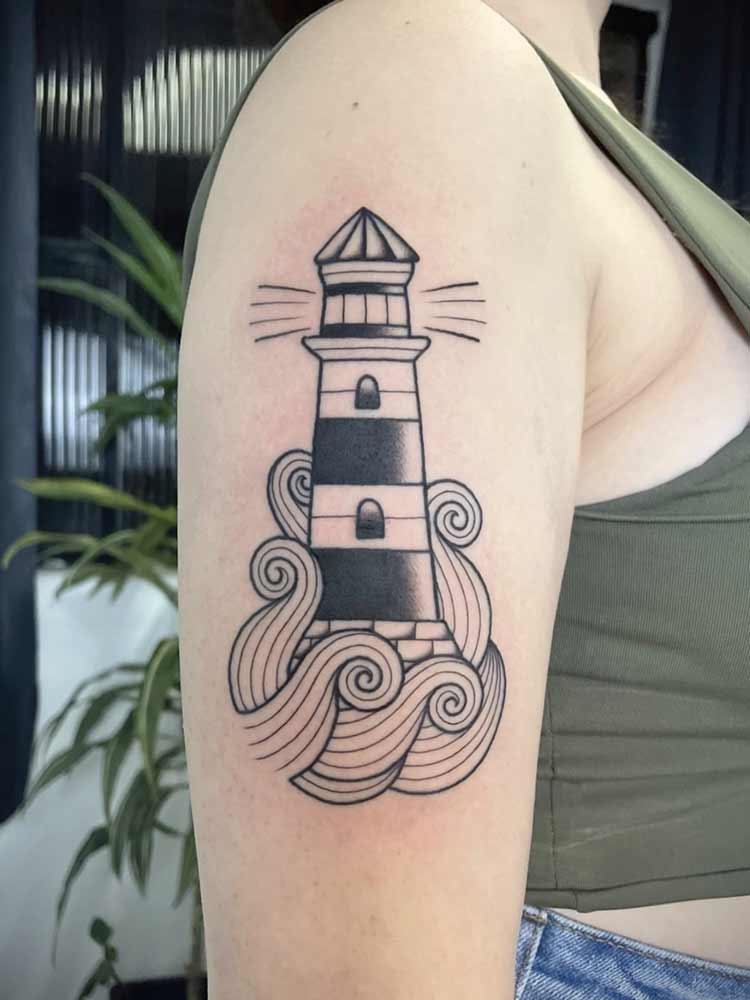 Tatuaggio faro semplice in bianco e nero