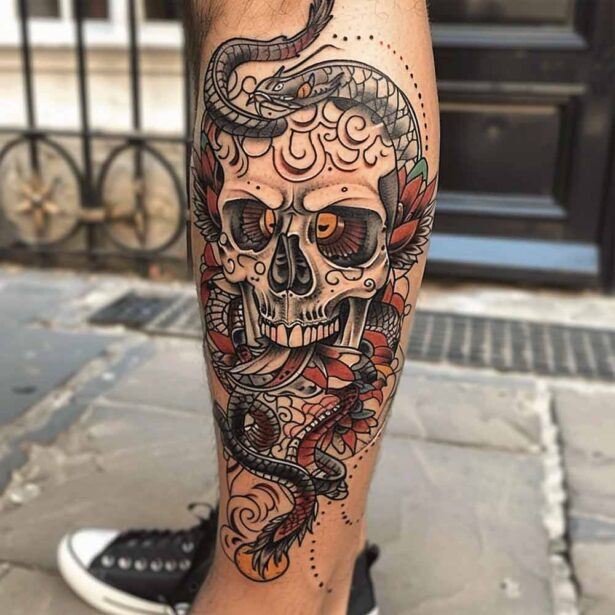 Tatuaggio teschio e serpente Neo traditional