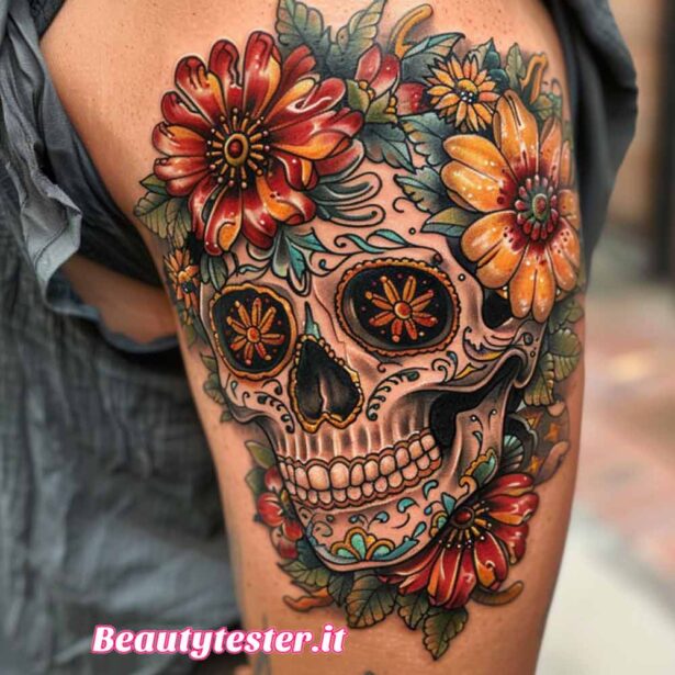 Tatuaggio teschio messicano elaborato sulla spalla