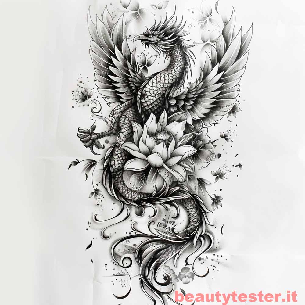 Disegno tatuaggio fenice con fiori di loto